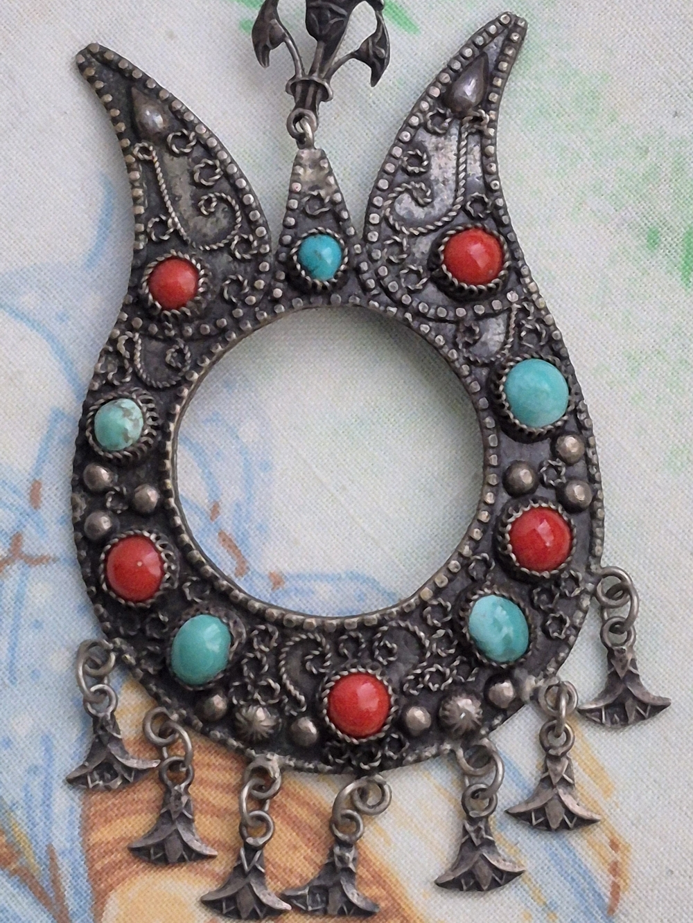 🌙Vintage Egyptian 800 Silver Crescent Pendant Turquoise Coral Filigree Large